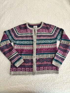 Fair Isle Button-Front Cardigan Sweater in Cream, Teal & Plum